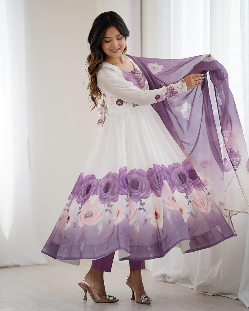 Violet Color Floral Pure Soft Tebby Organza Three Piece Anarkali Suit