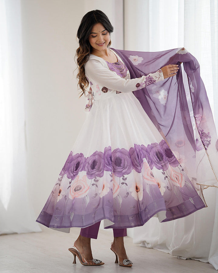 Violet Color Floral Pure Soft Tebby Organza Three Piece Anarkali Suit