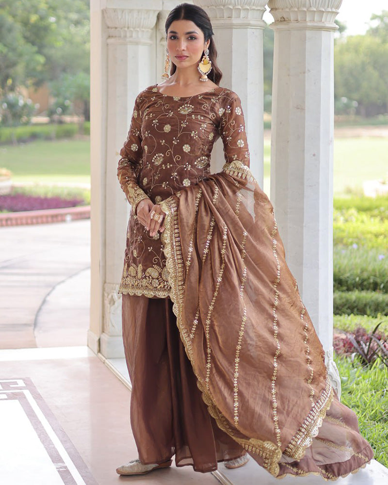 Coffee Color Fendi Silk Embroidered Sharara Suit