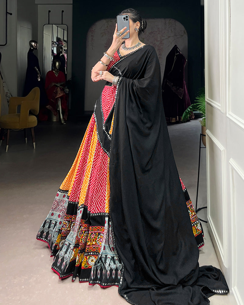 Red And Yellow Bandhej And Ajarakh Print Rayon Navratri Lehenga Choli