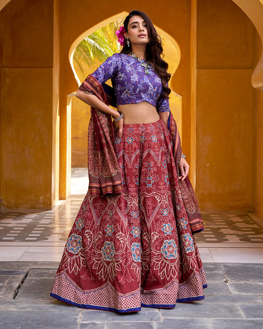 Maroon Color Vichitra Silk Printed And Embroidered Lehenga Choli