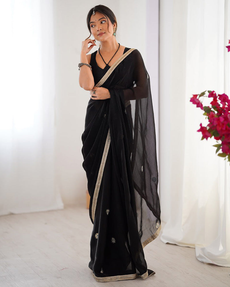 Black Color Smooth Fandy Embroidered Saree