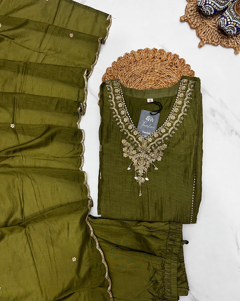 Mehndi Color Mal Cotton Three Piece Kurti Suit