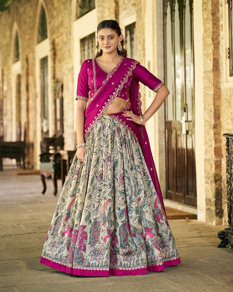 Cream Color Tussar Silk Kalamkari Printed Lehenga Choli