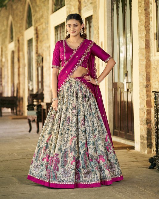 Cream Color Tussar Silk Kalamkari Printed Lehenga Choli