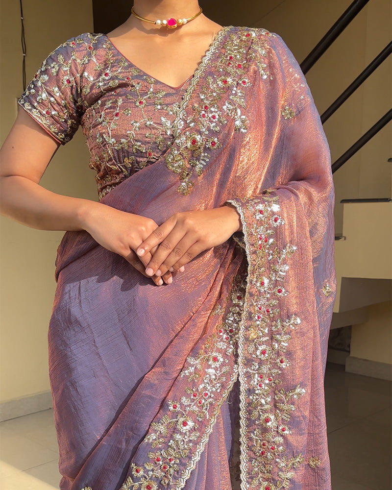 Dusty Mauve Color Fendi Chiffon Sequence Embroidered Saree