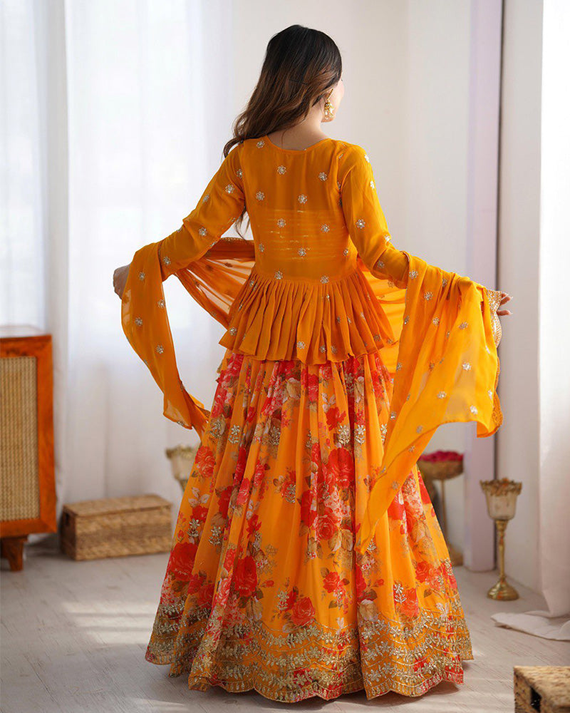 Mustard Color Georgette Printed And Embroidered Lehenga Choli