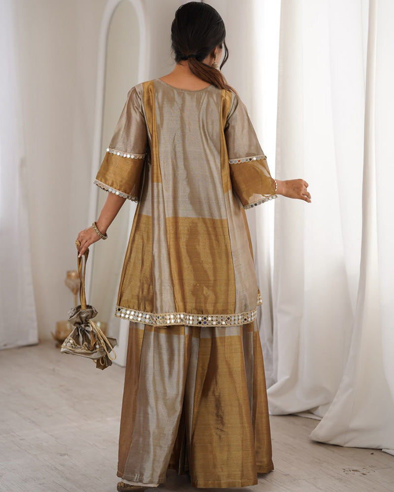 Grey Color Two-Tone Tissue Silk Embroidered Plazzo Suit