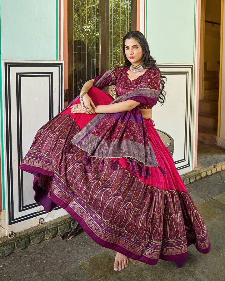 Designer Pink Color Tussar Silk Kashmiri Print Lehenga Choli