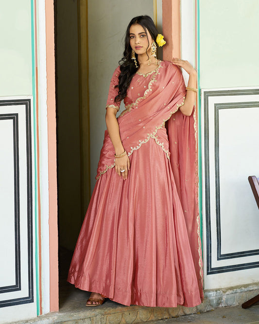 Designer Peach Color Chinon Embroidered Lehenga Choli