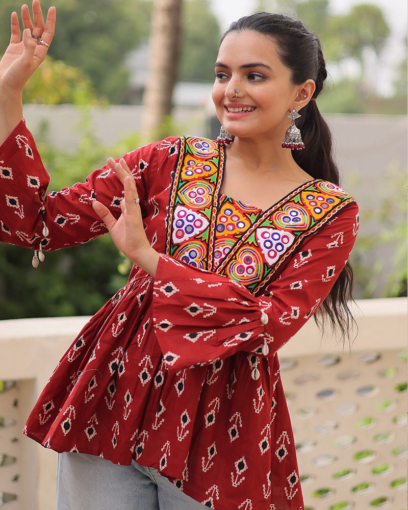 Maroon Color Cotton Printed Navratri Kediya