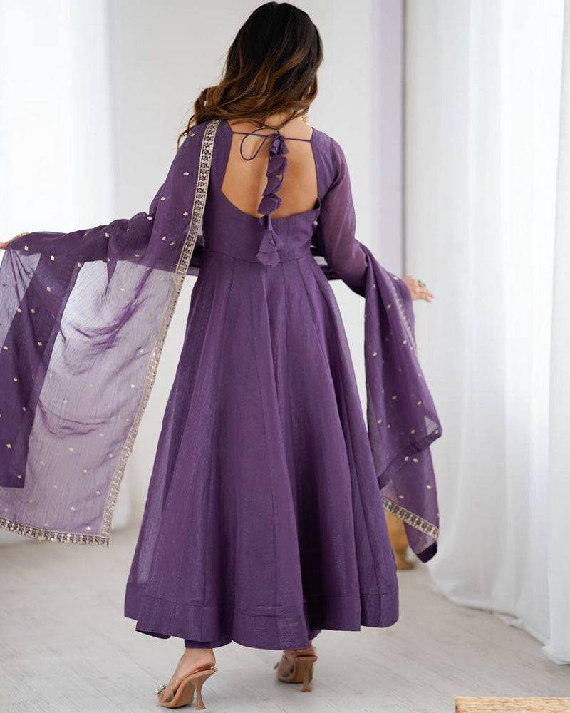 Dusty Mauve Color Crunchy Silk Three Piece Anarkali Suit
