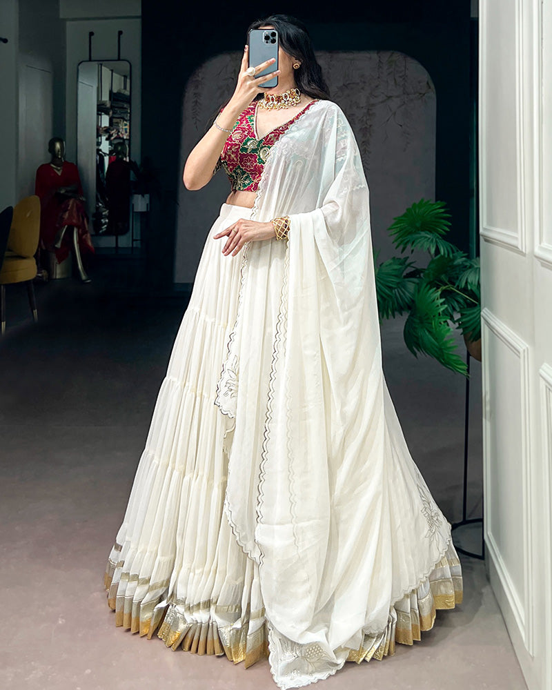 White Color Marbel Embossed Lehenga Choli