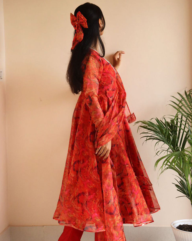 Orange Color Printed Pure Organza Silk Anarkali Suit