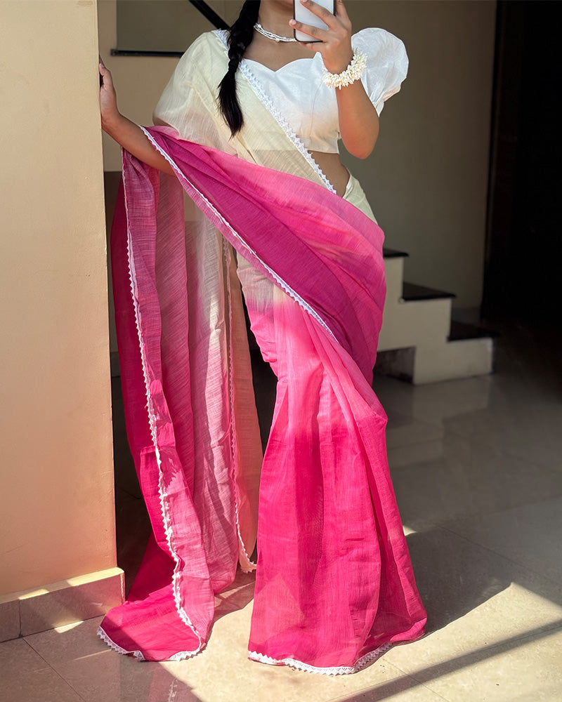 Pink And White Color Linen Cotton Saree