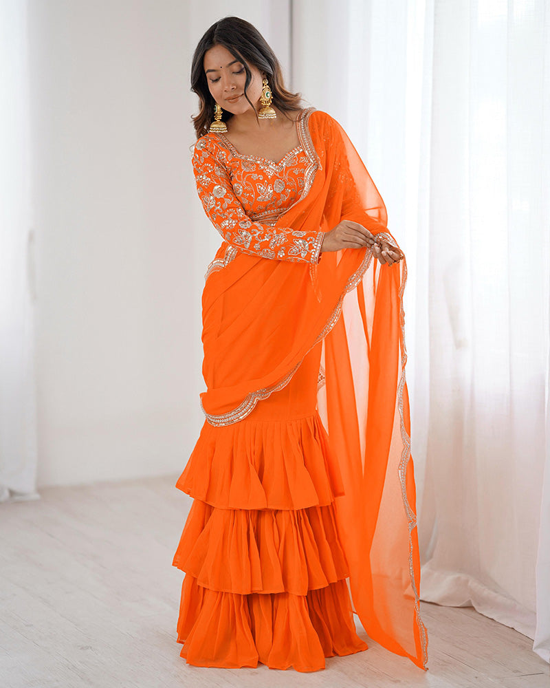 Orange Color Faux Georgette Ruffle Lehenga Saree