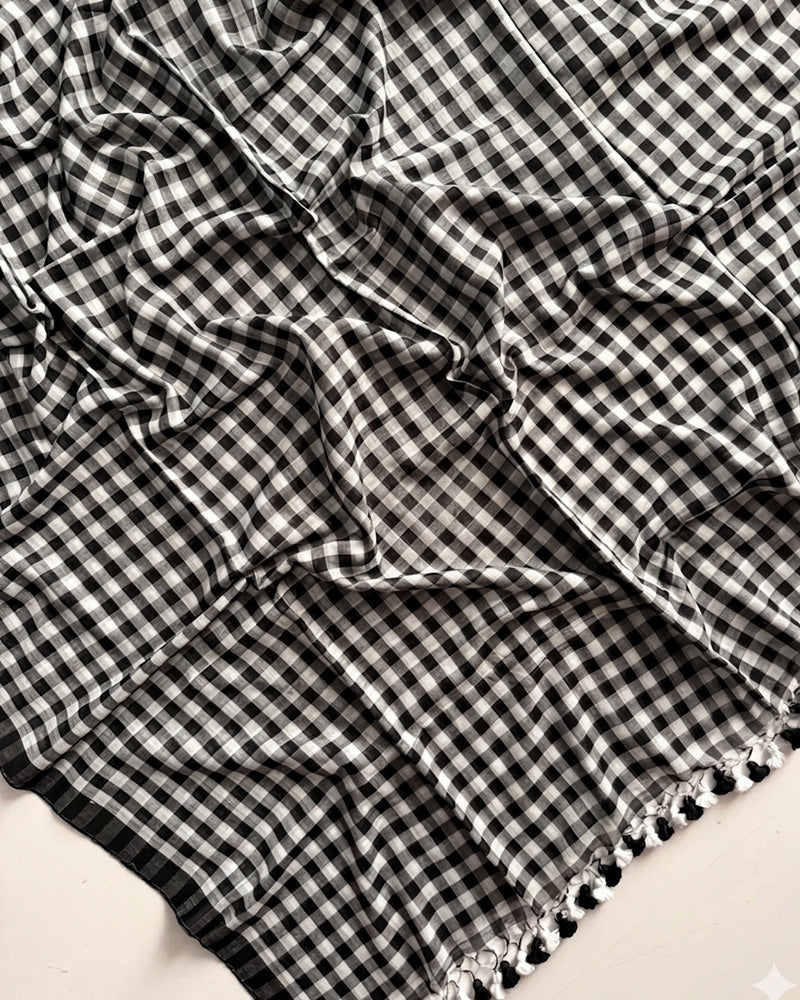 Black Color Pure Mal Cotton Chex Printed Saree