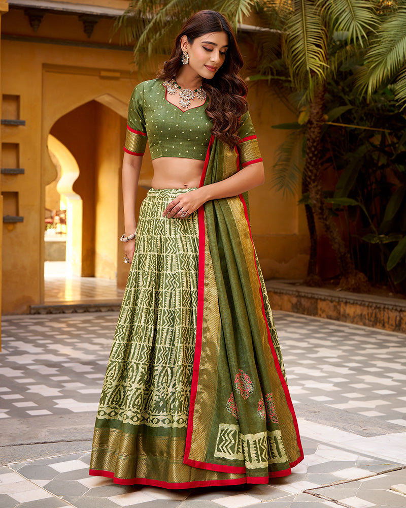 Mehndi Color Dola Silk Batik Printed Lehenga Choli