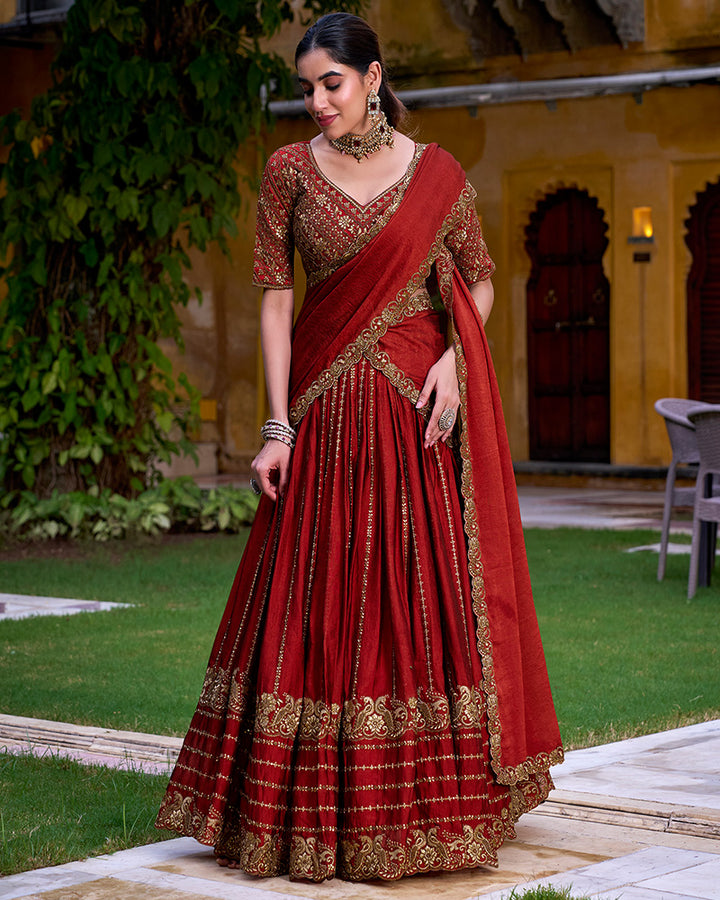 Rust Orange Color Rangoli Crush Embroidered Lehenga Choli