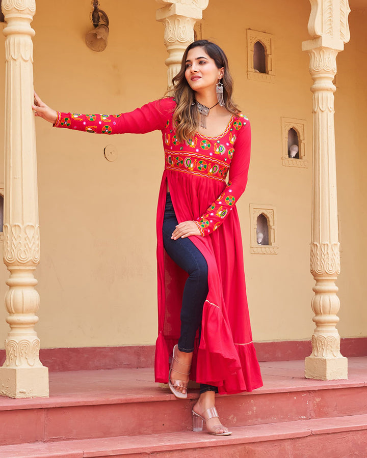 Traditional Pink Pure Rayon Embroidered Navratri Kurti