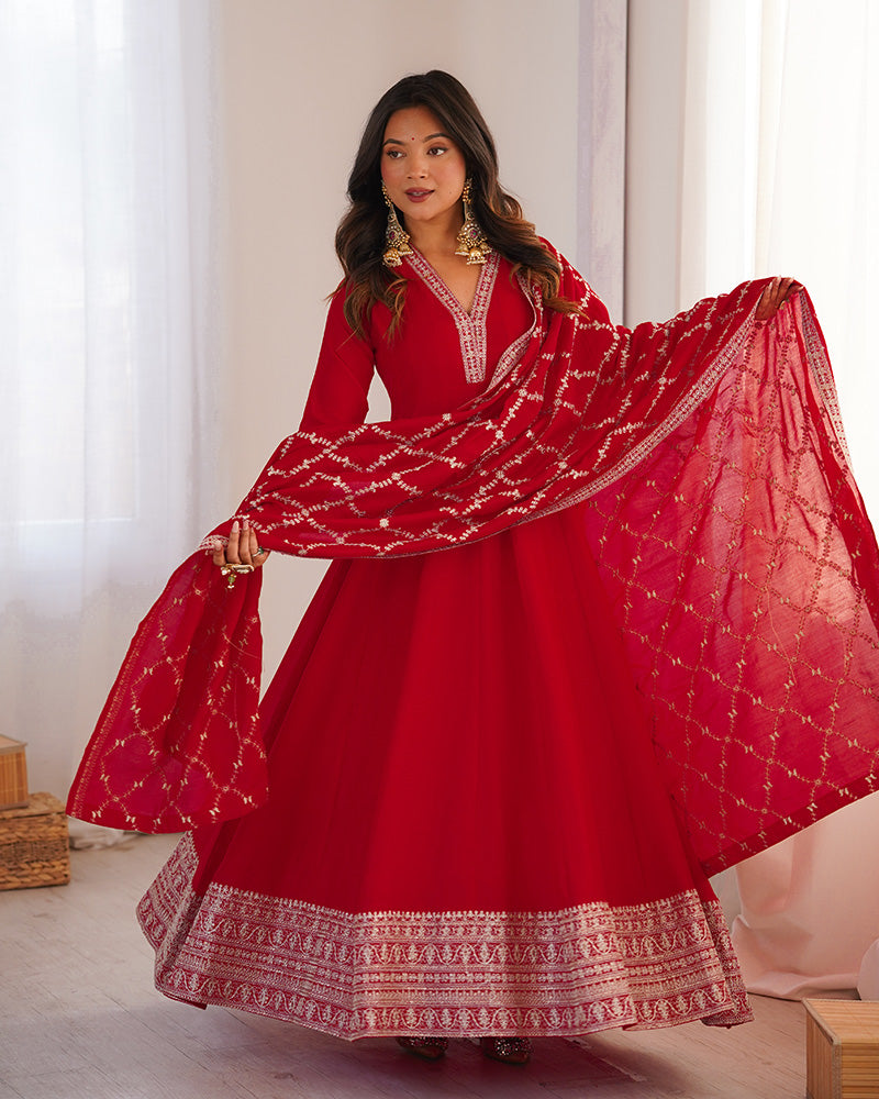 Red Color Vichitra Silk Embroidered Gown