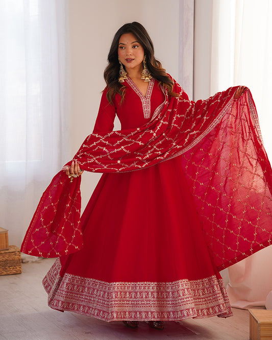 Red Color Vichitra Silk Embroidered Gown