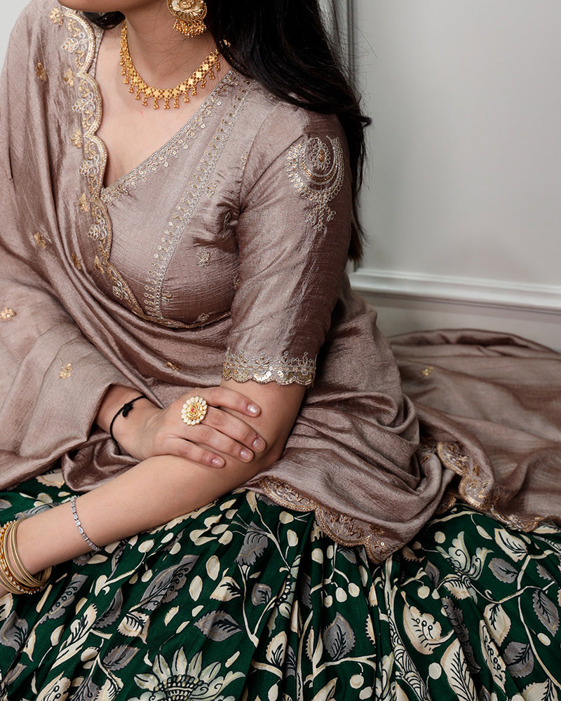 Green Color Tussar Silk Kalamkari Printed Lehenga Choli