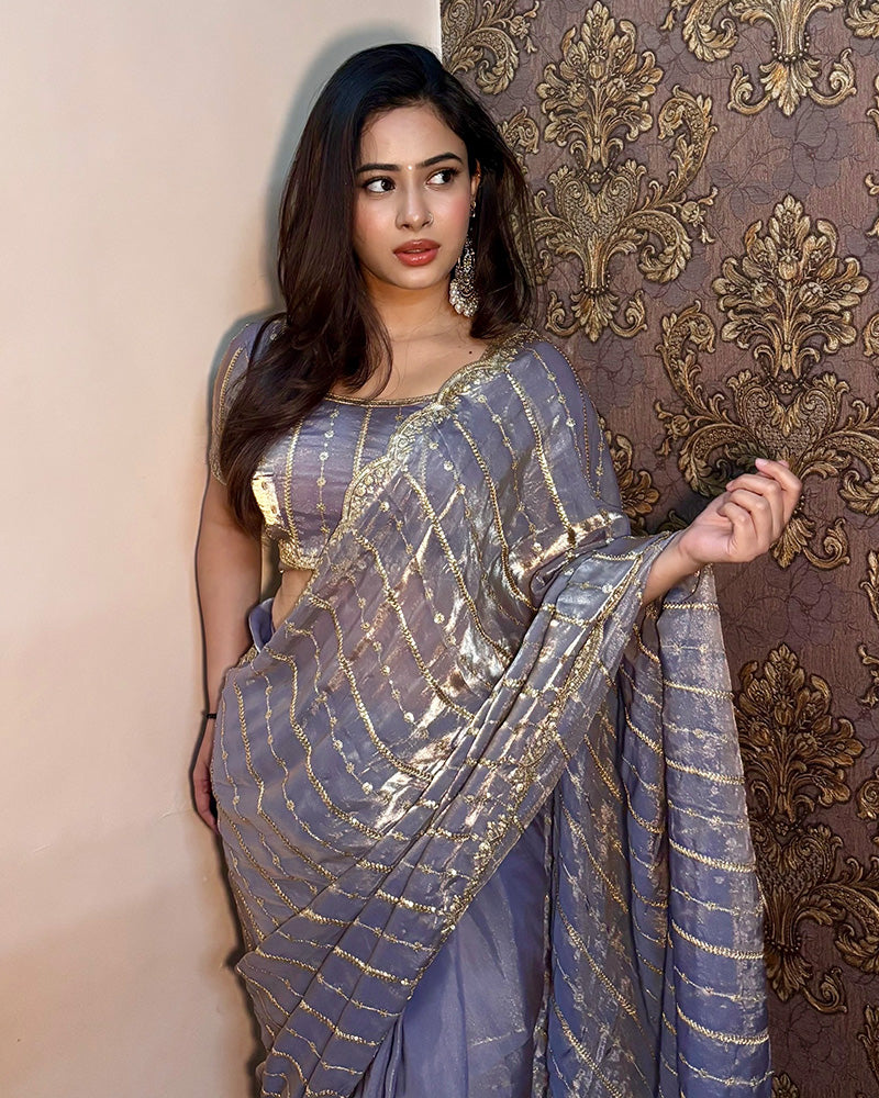 Dusty Blue Color Soft Space Silk Saree