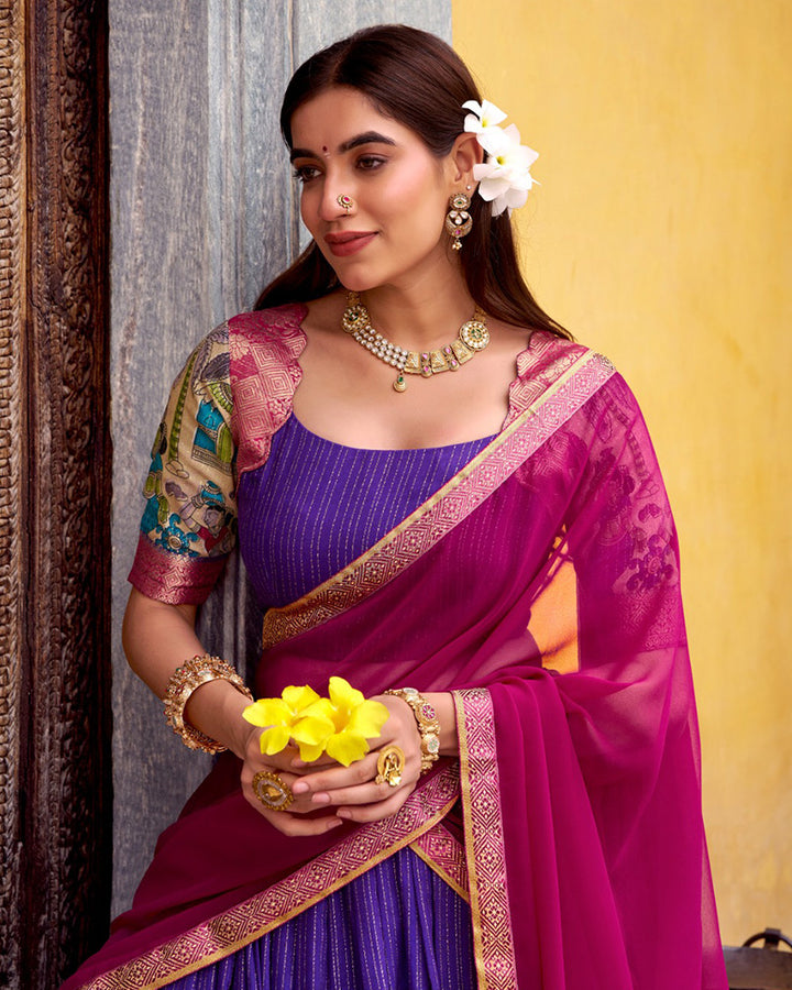 Purple Color Poly Chanderi Printed Half Saree