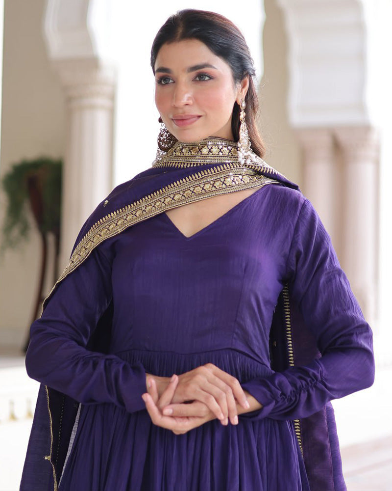 Royal Violet Color Vichitra Silk Sequence Embroidered Gown