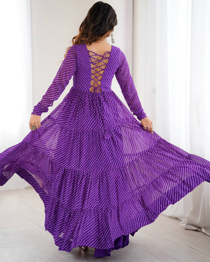 purple Color Georgette Laheriya Print Navratri Gown