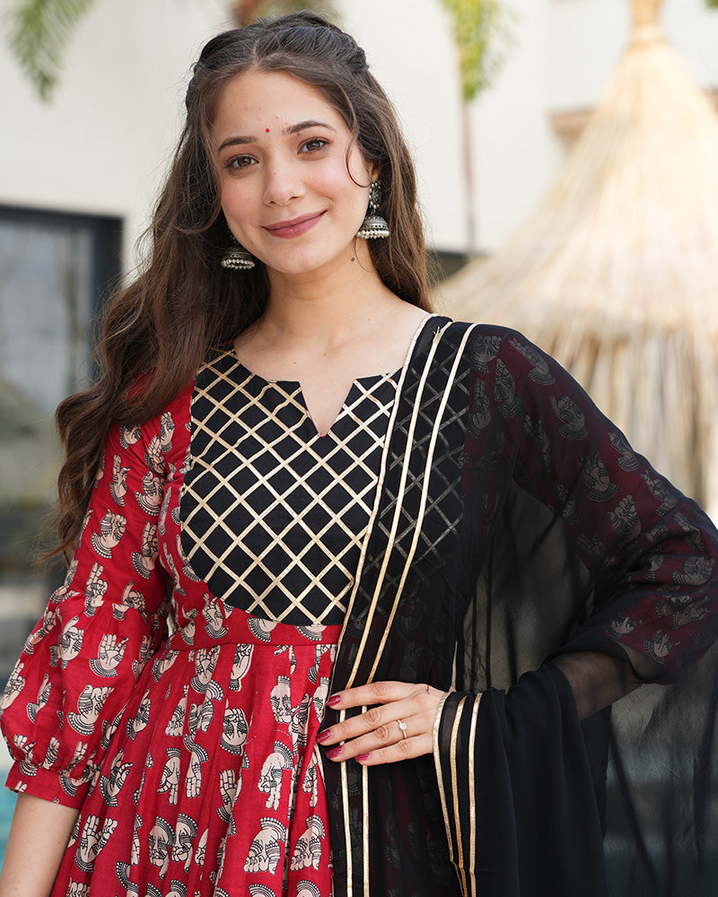 Red And Black Color Printed Pure Cotton Anarkali Suit
