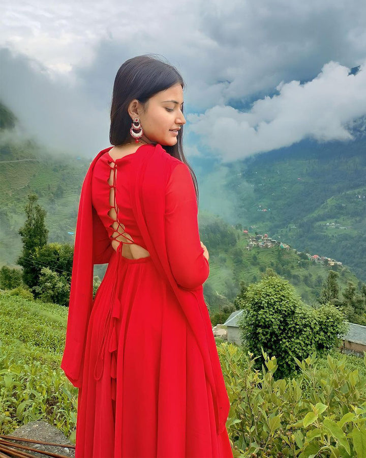 Jyoti Thakur Designer Back String Style Red Colour Three Piece Anarkali Suit