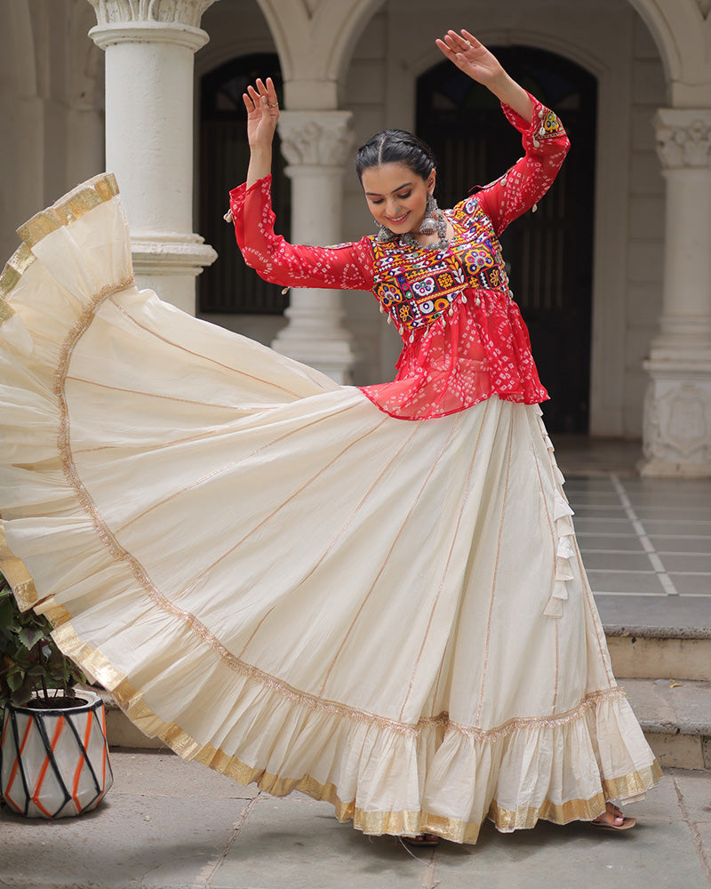 Vibrant Gamthi Work Red Kediya With Off-White Traditional Lehenga