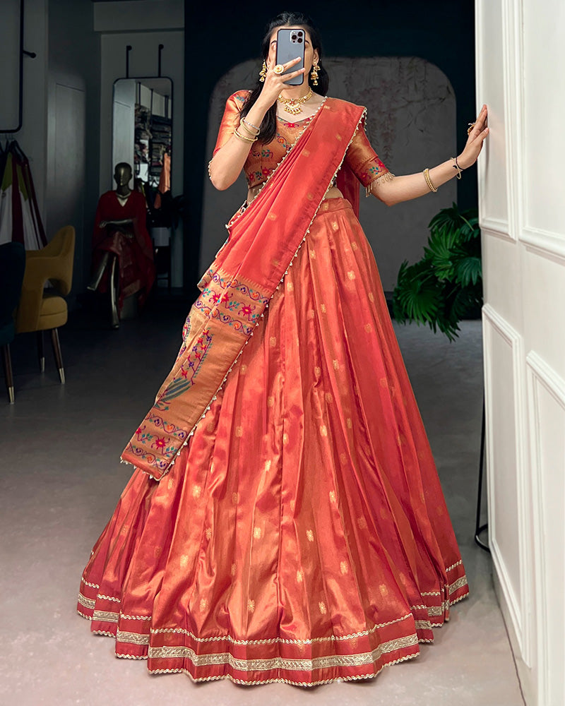 Coral Red Color Shimmer Silk Lehenga Choli
