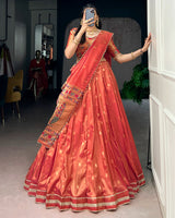 Coral Red Color Shimmer Silk Lehenga Choli
