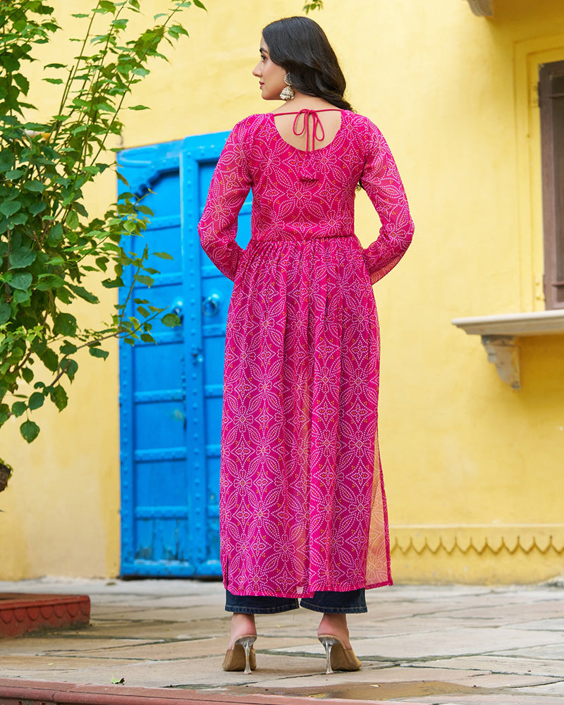 Festive Pink Georgette Printed Kurti With Gamthi Patchwork