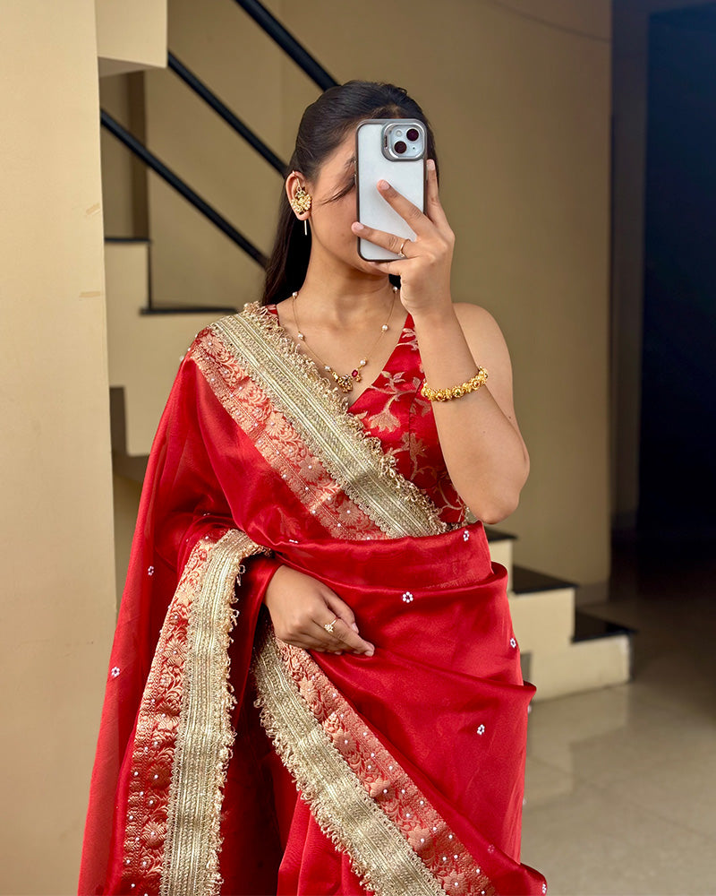 Red Color Soft Banarasi Silk Pearl Work Saree