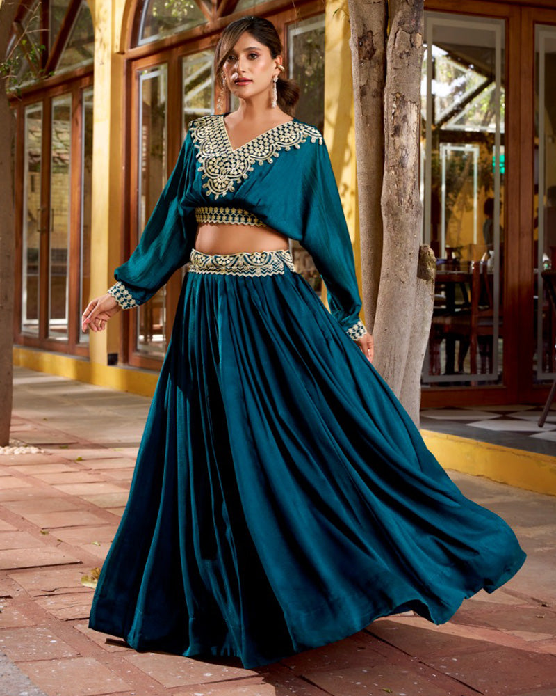 Peacock Blue Color Vichitra Silk Embroidered Lehenga Choli