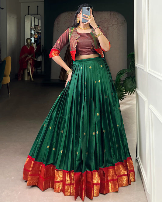 Green Color Poly Cotton Zari Weaving Lehenga Choli