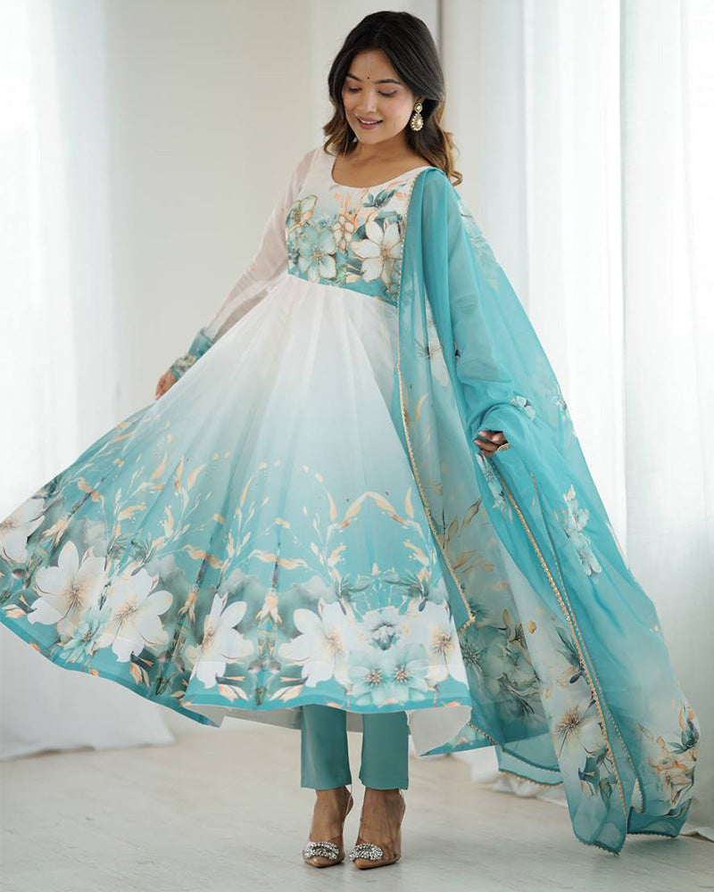 Aqua Blue Floral Print Organza Three Piece Anarkali Suit