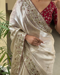 Cream Color Pure Soft Organza Saree
