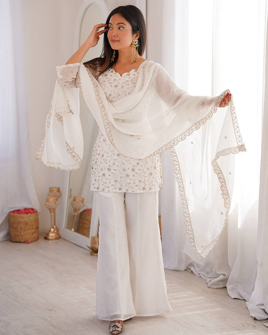 Off-White Color Crunchy Silk Embroidered Plazzo Suit