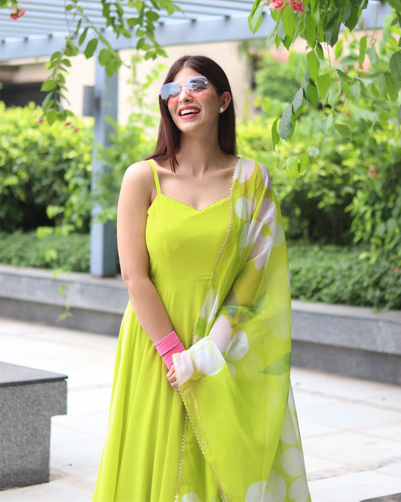 Neon Color Soft Georgette Anarkali Gown With Floral Printed Dupatta