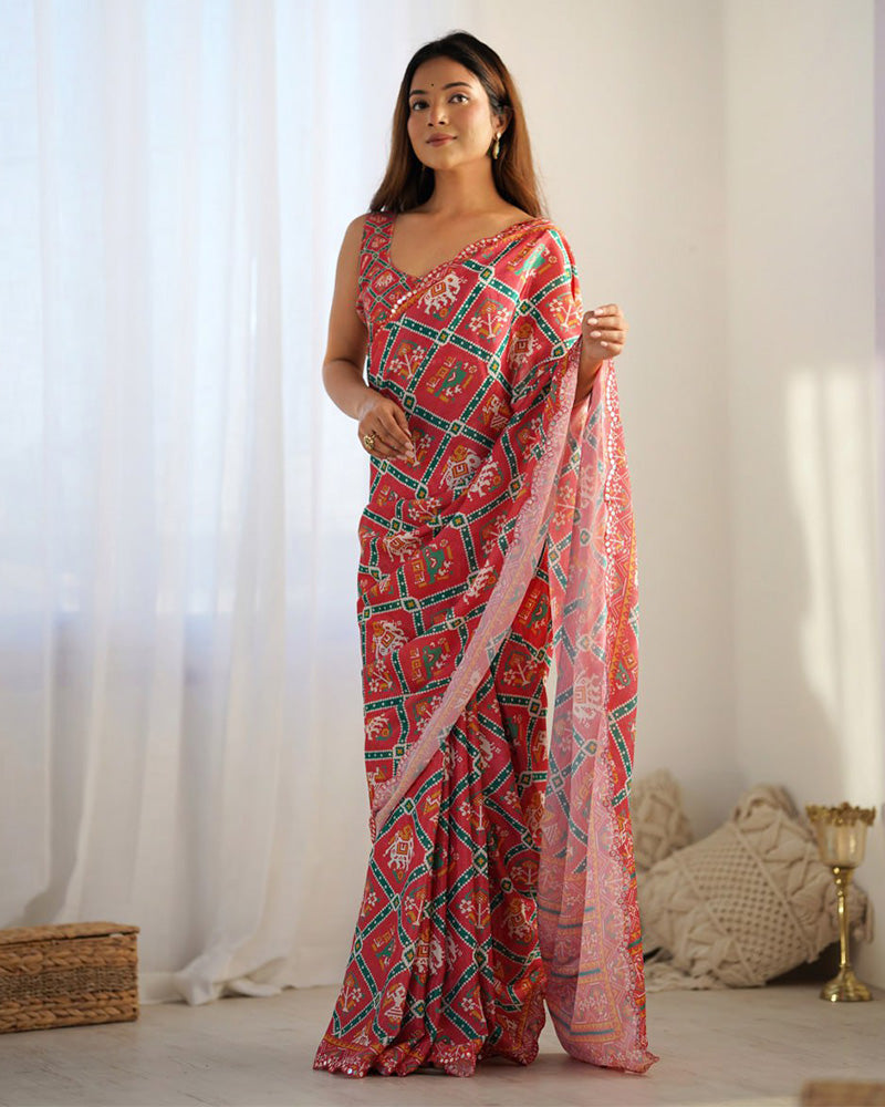 Tomato Color Chinnon Silk Saree