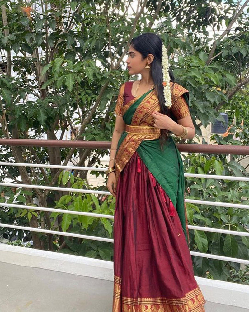 Sindhu Sampath Kumar South Indian Style Narayan Pet Cotton Maroon Colour Semi Stitched Lehenga Choli