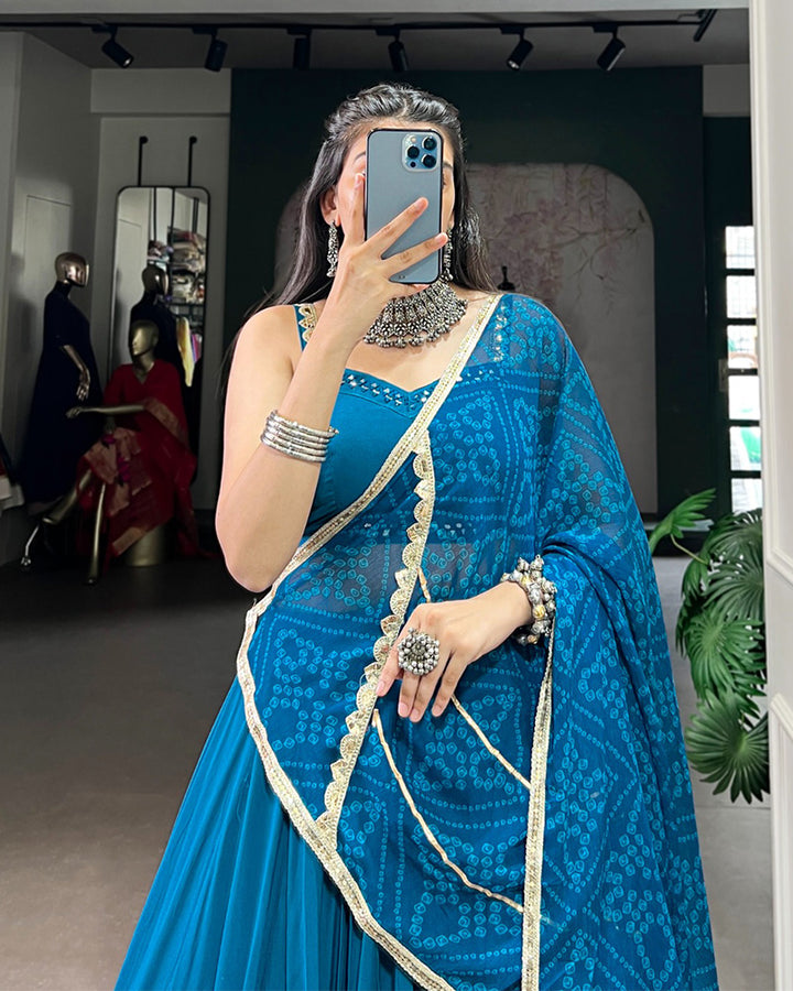 Classic Teal Green Color Pure Rayon Navratri Lehenga Choli