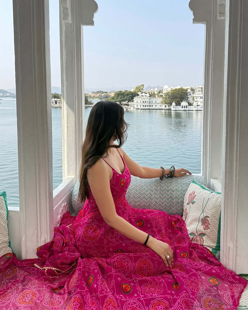 Geetika Bisht In Floral Pink Color Soft Chiffon Three Piece Anarkali Gown