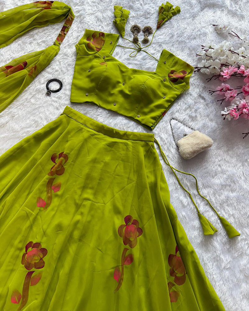 Mehndi Color Pure georgette Printed Lehenga Choli