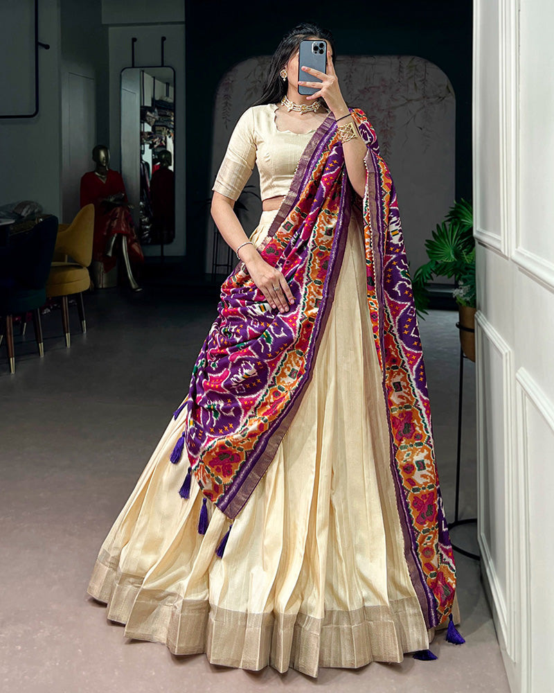 Off-White Color Poly Kotha Tasar Silk Half Saree